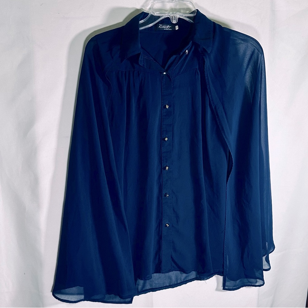 Kivenst Navy Blue High Fashion Scarf Cape Blouse Long Sleeves‎ Women's Medium
